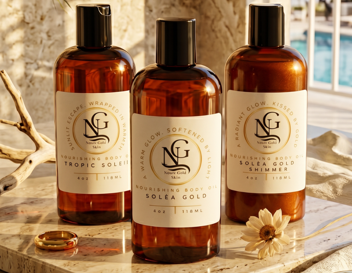 Luxury summer body oils from The Sunlit Ritual Collection including Solèa Gold, Solèa Gold Shimmer, and Tropic Soleil by Nouri Gold Skin.
