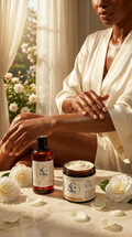 Person applying cream to their arm with L&G Skincare products on a table.