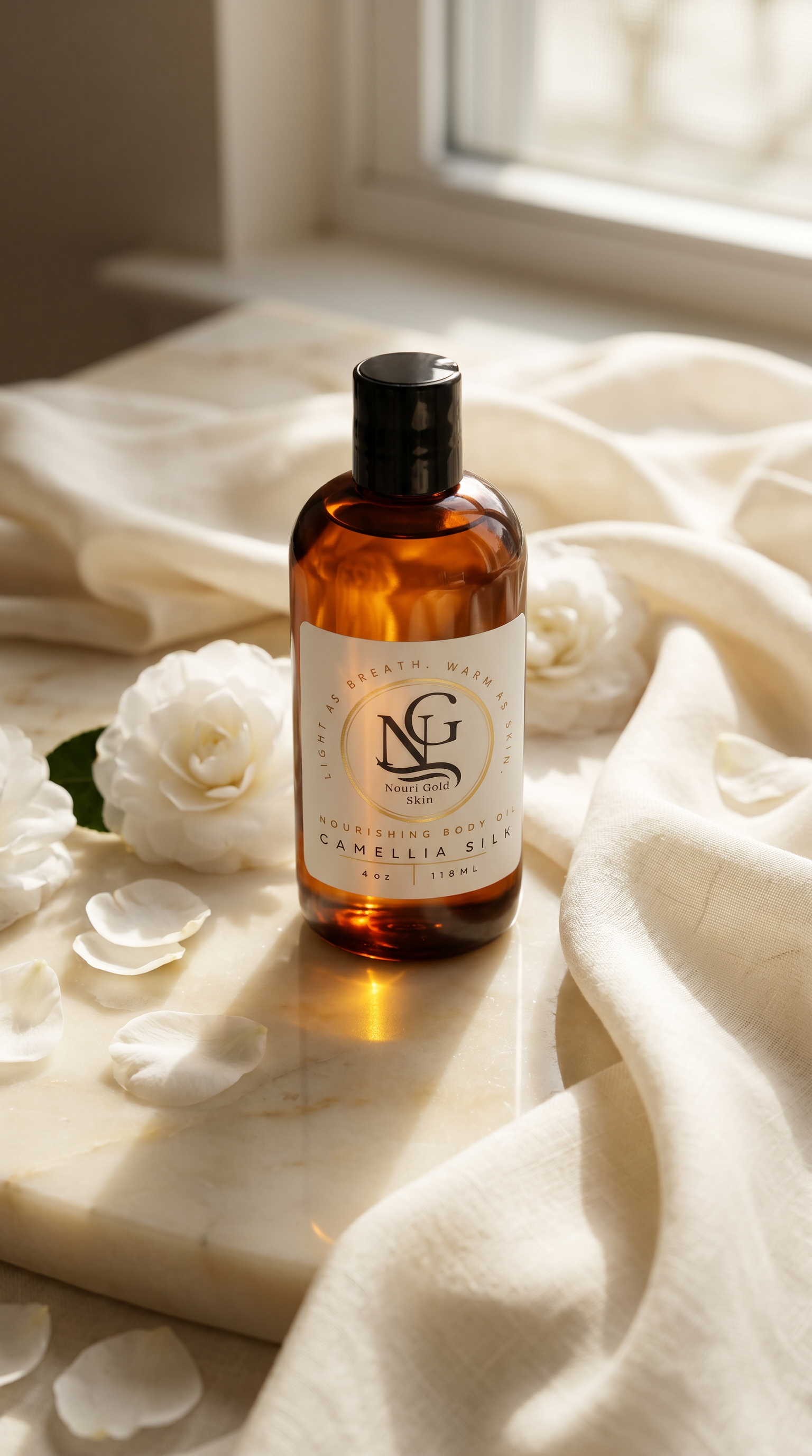 Bottle of NG skincare product on a marble surface with white flowers and soft fabric background