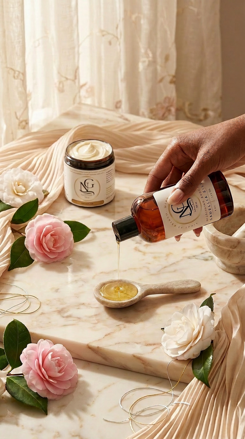 Hand holding a bottle of oil over a marble surface with skincare products and flowers.