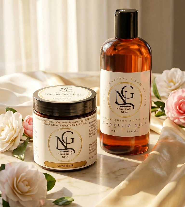 Two skincare products with a brand logo on a surface with flowers in the background