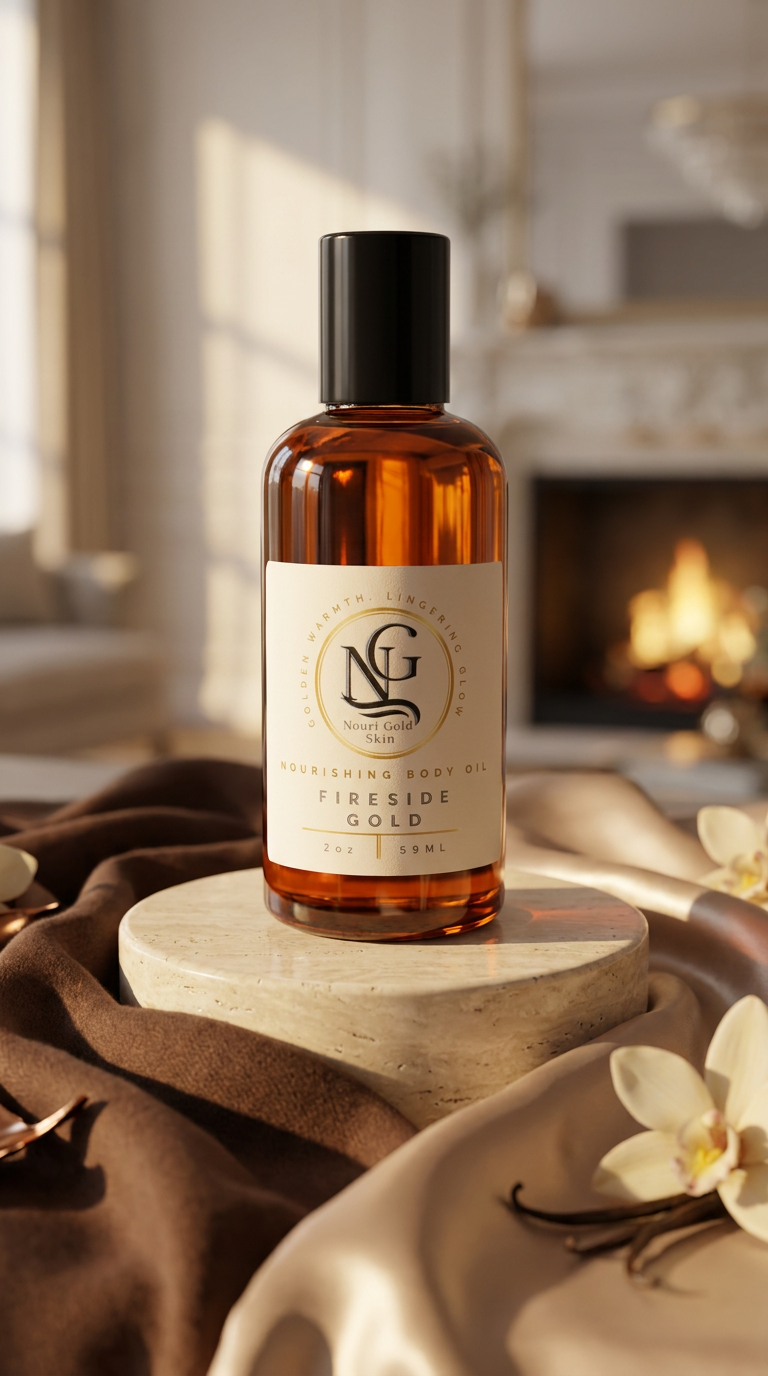A bottle of NG Brand Fireside Gold body oil with amber liquid and a cream label, displayed on a stone pedestal with a warm fireplace and cozy drapery in the background.