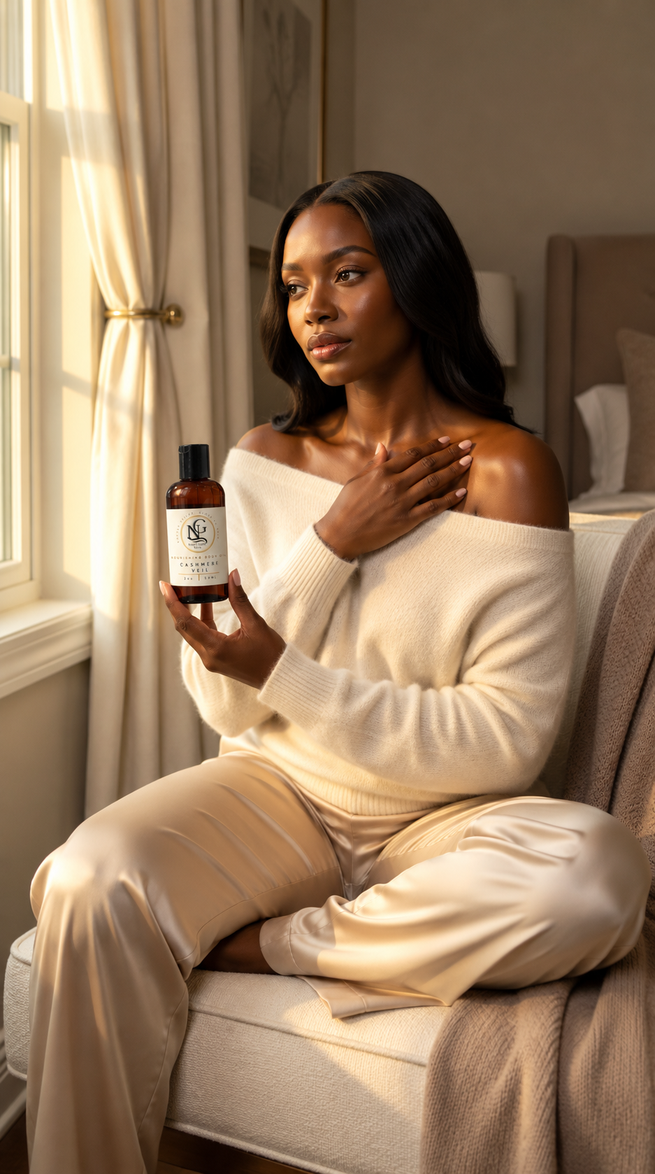 A woman in a cream off-the-shoulder sweater and matching pants sits on a beige armchair in a softly lit room, holding a dark amber bottle with a white label.