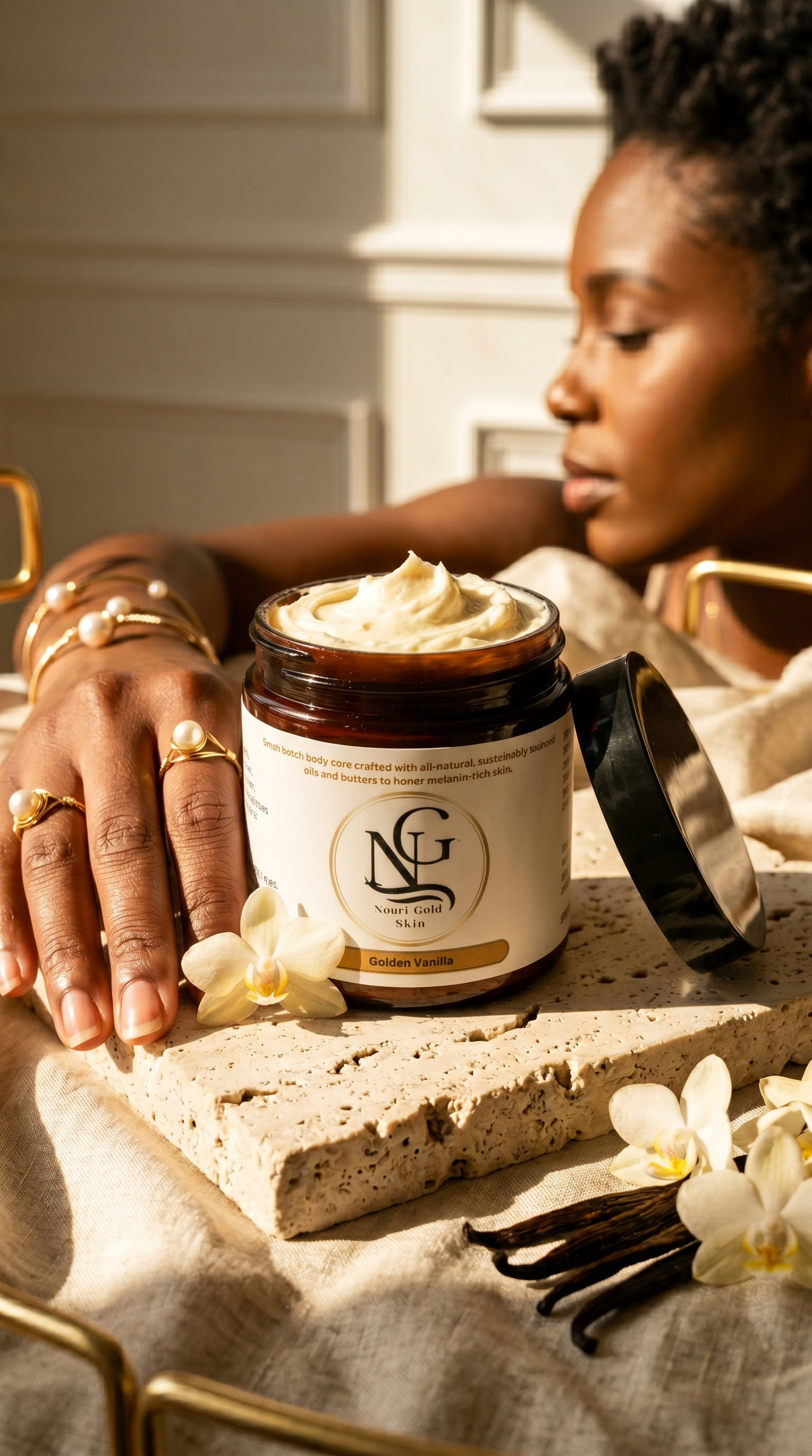 Person applying cream from a jar labeled 'NG' on a textured surface with flowers around.