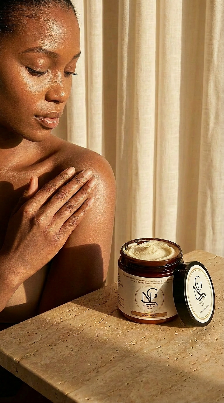Woman applying cream to her shoulder with a jar of cream on a stone surface.