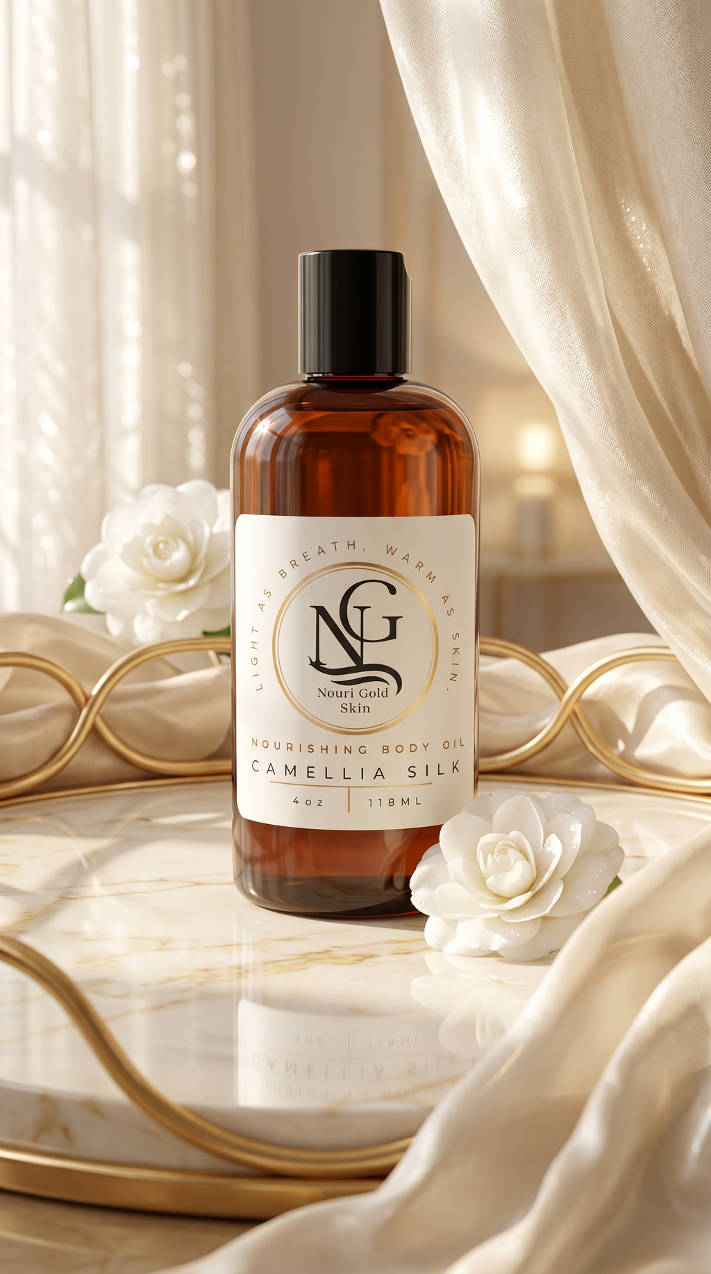Bottle of NG Bath & Body oil with decorative flowers and curtains in the background