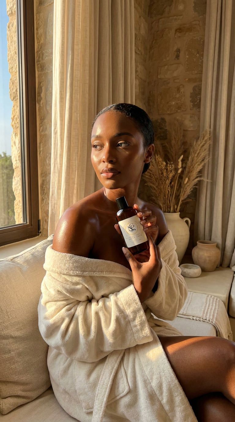 Woman in a robe holding a bottle of wine in a sunlit room with curtains and plants.